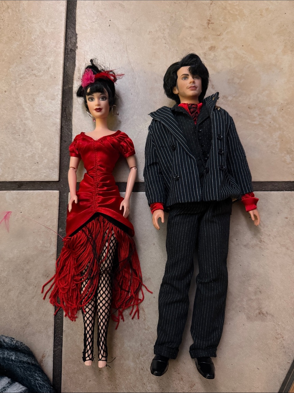 Red Fringe Flamenco Doll & Pinstripe Male Doll Duo vintage